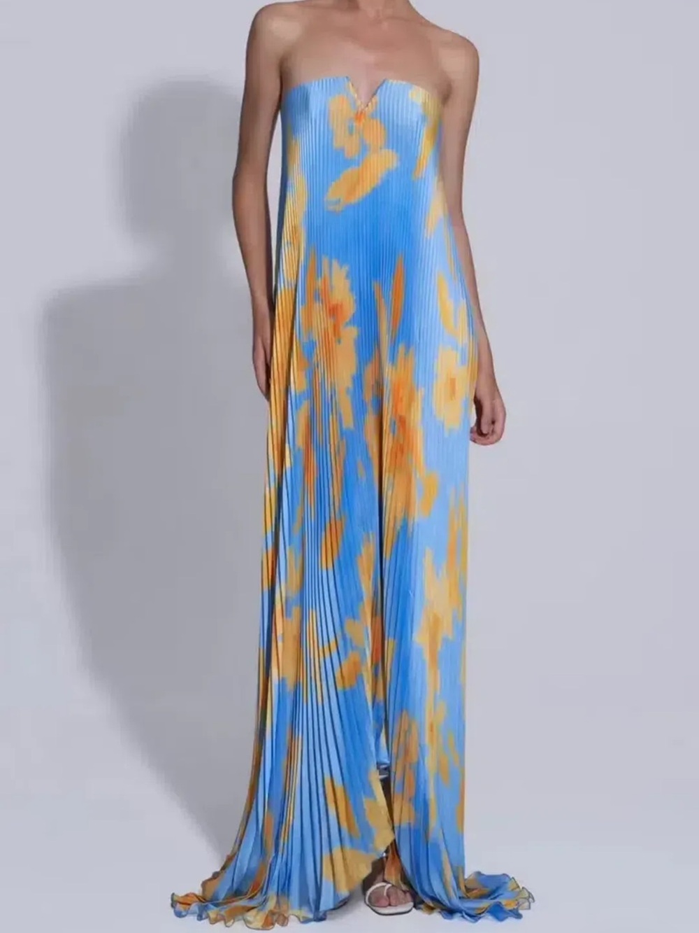 L’IDEE Black Tie Gown (Strapless Pleated Maxi Dress) in Jardin Blue